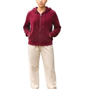 Central‎ Park Y2K Velour Hoodie L Raspberry Pink Crystal Coquette Zip Jacket
